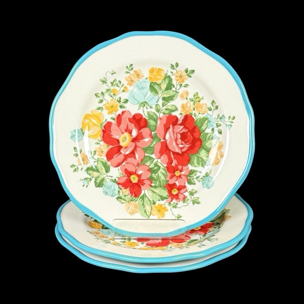 Pioneer Woman Floral 8.5" Salad Dessert Plates Teal Trim Set of 3
